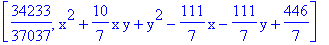 [34233/37037, x^2+10/7*x*y+y^2-111/7*x-111/7*y+446/7]